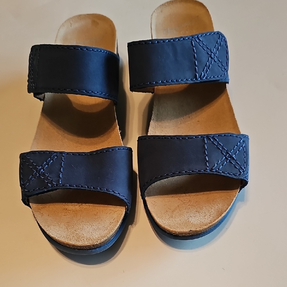 Dansko Navy Leather Double-Strap Slide Sandals